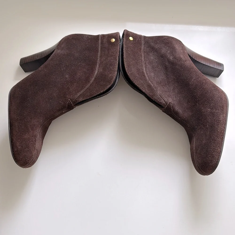 Franco Sarto Limber Brown Suede Ankle Boots Split Front Block Heel Women's 7.5